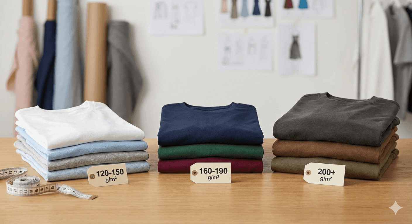 Pile de t-shirts pliés de différents grammages et couleurs